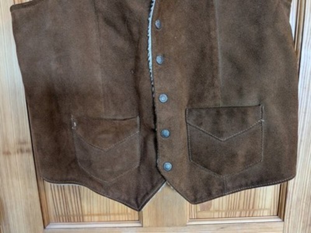 VTG Suede Leather Sherpa Vest Mens 44 SIMCO Brown Lined Snap Western FLAWED - Picture 7 of 12